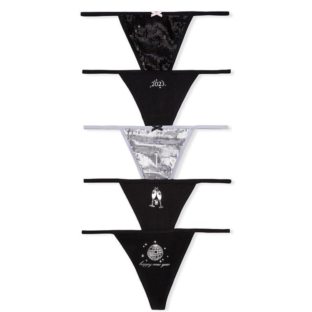 Victoria's Secret Stretch Cotton V-String Panties in New Years 5 Pack Medium NEW